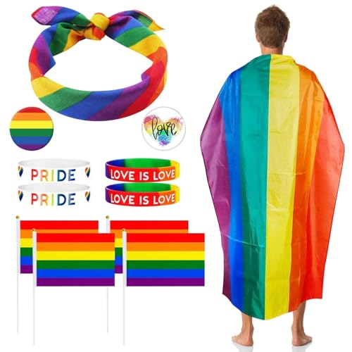 12 Stück Gay Pride Accessoire Regenbogen Umhang, LGBT Regenbogen Gay Pride Set mit Stirnband Flaggen Armband Button Pins, Pride Month Deko für Frauen Männer Gaypride Feiern Festival von Meanju