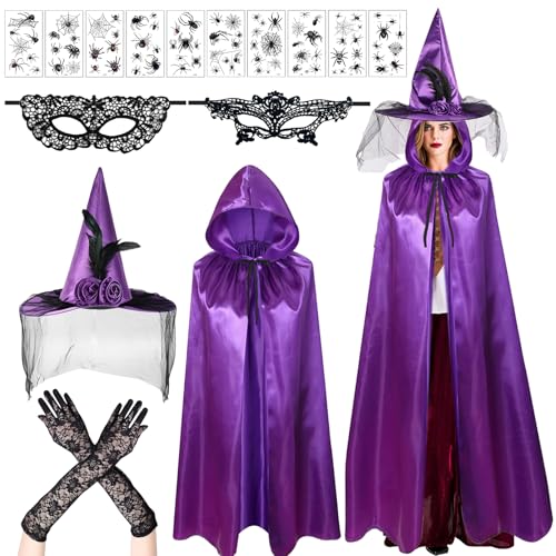 Lila Umhang Hexenkostüm 16 Stück, Vampir Umhang mit Kapuze, Hexenumhang, Hexenhut, Hexenmasken, Spitze Handschuhe, Halloween Karneval Mittelalter Robe Violett, Halloween Kostüm für Damen von Meanju