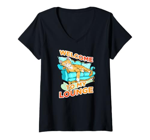 Damen Welcome to My Lounge T-Shirt mit V-Ausschnitt Damen Welcome to My Lounge T-Shirt mit V-Ausschnitt von Means Lounge Cats Kitten Feline Whiskers Purr