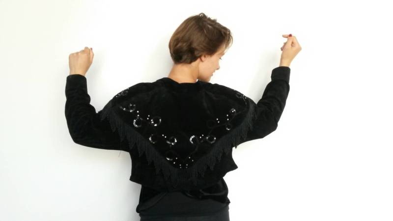 80Er Lederjacke Schwarze Jacke Eckjacke Perlenjacke Jaques Sac High Waist Jackt Gepolsterte Wildlederjacke von MeasureTheTreasure