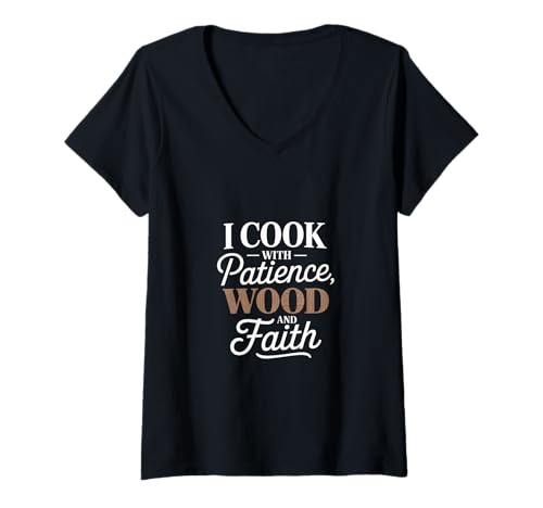 Damen Ich koche mit Patience Wood und Faith Meat Smoking T-Shirt mit V-Ausschnitt Damen Ich koche mit Patience Wood und Faith Meat Smoking T-Shirt mit V-Ausschnitt von Meat Smoking Charcoal Smoking