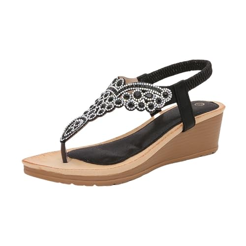 Bohemien Damen Sandalen Sommer Bequeme Flache Sandalen Schmuck Offene Zehe Mit Knöchelverschluss Sportlich Leichte Böhmische Sandale Flip Flops Strass Schmuck Strandschuhe Mit Elastischen Riemen von Meaunzyl
