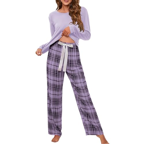 Damen Pyjamas, Zweiteilige Pyjamas Langarm T-Shirt Und Lange Hose Rundhals Damen Lange Pyjama Damen Baumwolle Pyjama 2 Stück Damen Mit Lose Tasche Gemütlich Für Zuhause Und Lässig, violett, 52 von Meaunzyl