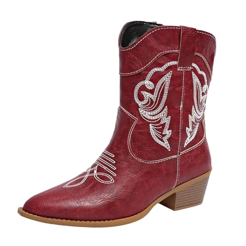 Damen-Winterstiefel Camperos Texani Cowgirl Western halb Wade Stiefeletten mit Absatz Spitze Stiefeletten Wide Fit Plateau Elegant Retro Elegant mit Reißverschluss Vintage Arbeitsstiefel, rot, 38 EU von Meaunzyl