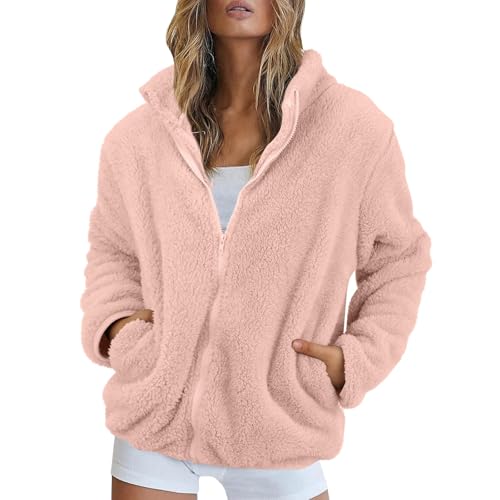Damenjacke Fleece Sweatshirt Fleece ohne Kapuze und Reißverschluss Jacken Teddyjacke Damen lockere Version des Langarm-Mantels Herbst und Winter Warmer Mantel mit Homewear, Rosa, XL von Meaunzyl