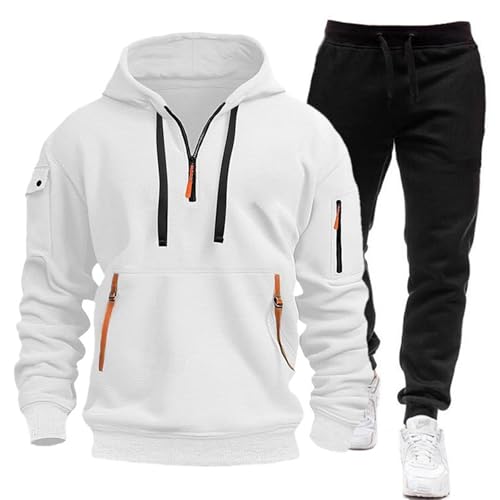 Herren Winteranzug 2-teilig Jacke Slim Fit Anzug Herren Fitnessstudio Sweatshirt mit Kapuze Langarm und Jogginghose Herren Track Suit Trainingsanzug Winter Warm Jogginganzüge, Weiß, XXL von Meaunzyl