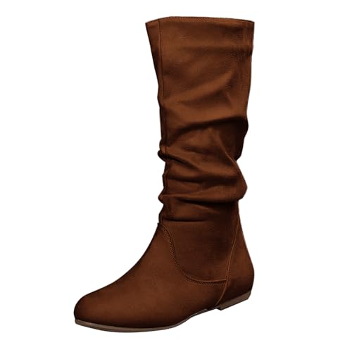 Meaunzyl Damen-Stiefel, hohe Winterstiefel, knielange Stiefel mit Fellfutter, bequeme Stiefeletten, elegante Schuhe, Blockabsätze, Casual, hohe und weiche flache Boots, Kaffee, 41 EU von Meaunzyl