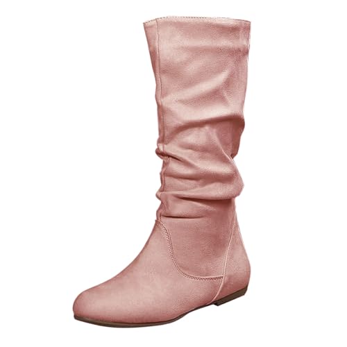 Meaunzyl Damen-Stiefel, hohe Winterstiefel, knielange Stiefel mit Fellfutter, bequeme Stiefeletten, elegante Schuhe, Blockabsätze, Casual, hohe und weiche flache Boots, Rosa, 41 EU von Meaunzyl
