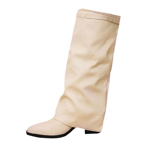 Meaunzyl Damen-Stiefel mit Absatz, Texani Cowboy, hohe Stiefel, Kniestiefel für Damen, Stiefeletten mit Zehenabsatz, Wildleder-Stiefel, Wide Fit mit Plateau, Fold Over Boots braun Winter, beige, 37 EU von Meaunzyl