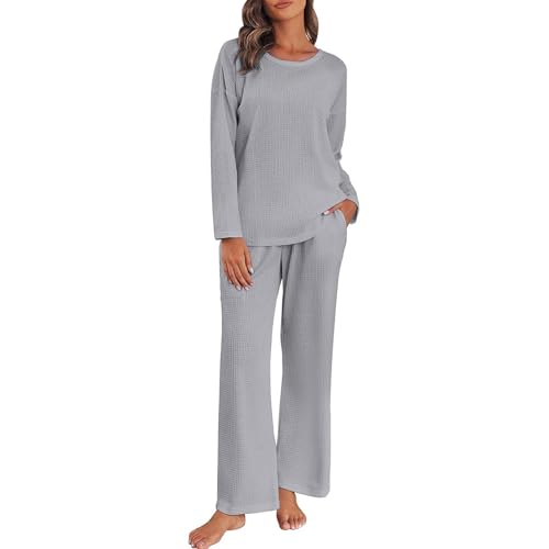 Meaunzyl Damen-Winterpyjama Stitch Pyjama Damen Langarm Hose Gedruckt Damen Lang Pyjama Damen Baumwolle Pyjama 2 Stück Damen Mit Loser Tasche Gemütlich Für Zuhause Und Lässig, grau, S von Meaunzyl