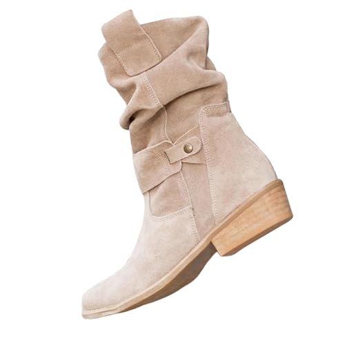 Meaunzyl Damen Winterstiefel Hohe Cowboy Western Boots Damenschuhe Spitze Stiefeletten Wide Fit Plateau Elegante Amphibienstiefel mit Polsterung Trekking Mode Wasserdichte Stiefel, beige, 40 EU von Meaunzyl