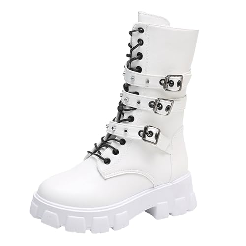 Meaunzyl Schuhe Damen Stiefel mit Keilabsatz Stiefel Damen Gefüttert Mit Warmer Sohle Stiefeletten Wide Fit Mit Plateau Bequem Winter Schuh Wildleder Weich Trekking Mode Schuhe Wasserdicht, Weiß, 43 von Meaunzyl