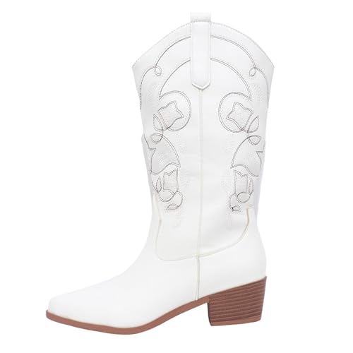 Meaunzyl Texani Cowboy Damenstiefel Stiefeletten Stiefeletten mit Absatz Zehen Stiefeletten Wide Fit mit Plateau Bequeme Amphibienstiefel mit Polsterung Trekking Mode Stiefel Wasserdicht, Weiß, 41 EU von Meaunzyl