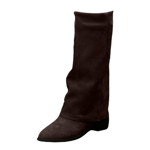 Meaunzyl Winterstiefel für Damen, Texani Cowboy, hohe Stiefel, Kniestiefel für Damen, Stiefeletten mit Zehenabsatz, Wildlederstiefel Wide Fit mit Plateau, Fold Over Boots braun, Kaffee, 42 EU von Meaunzyl
