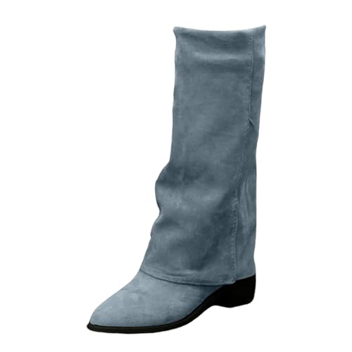 Meaunzyl Winterstiefel für Damen, Texani Cowboy, hohe Stiefel, Kniestiefel für Damen, Stiefeletten mit Zehenabsatz, Wildlederstiefel Wide Fit mit Plateau, Fold Over Boots braun, blau, 37 EU von Meaunzyl