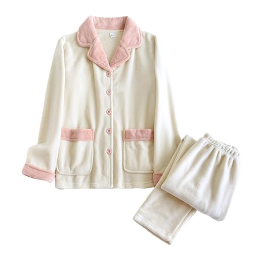 Winterpyjama Damen Warme Samtpyjamas Zweiteilige Freizeitpyjamas Set Langarm Pyjamas Pyjamas Homewear Lange Hosen Mit Taschen Lange Taschen Nachtwäsche Sleepwear, Weiß, M von Meaunzyl