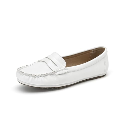 MecKiss Loafers für Damen, bequem, flache Schuhe, zum Reinschlüpfen, Laufschuhe, Bootsschuhe, Mokassins, Freizeitschuhe, Weiß - White Pu, 38 EU von MecKiss