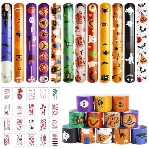 24 Stück Halloween Schnapparmband, Slap Bänder, Halloween Slap Armbänder, Halloween Armband Slap Band, Klapparmband Snap Band mit 20 Halloween Temporäre Tattoos für Jungen Mädchen Kinder von Mecctuck