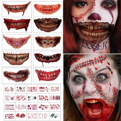 30 Blätter Halloween Tattoos Aufkleber, Temporäre Tattoos, Tattoo Temporärer Aufkleber Gesicht Set, Totenkopf Aufkleber, Wasserdichte Terror Wunde Streich Requisiten Halloween Dekor Karneval(A) von Mecctuck