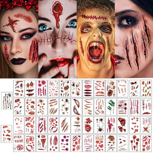 350 Stück Halloween Tattoo Gesicht, Halloween Tattoo, Gesichtstattoo Narben Halloween, Wunden Tattoo Realistisch, Temporäre Tattoos für Halloween Schminke Kostüm Gruselparty Mottoparty Maskerade von Mecctuck