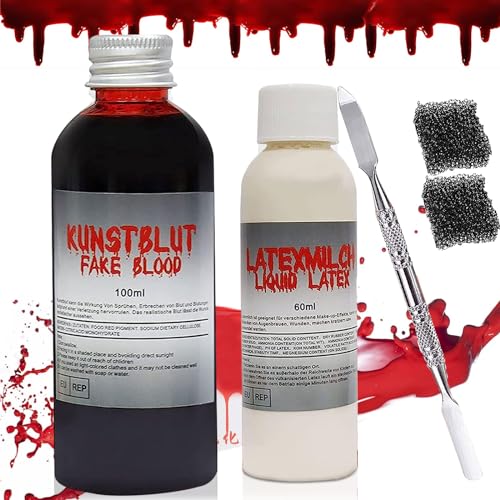 Halloween Make Up, Kunstblut Halloween, Schminkset Halloween, Kunstblut Künstliches Blut 100ml Latexmilch 60ml mit 2 Make up Schwamm und Spatel, Auswaschbar für Halloween Makeup Horror Zombie Schminke von Mecctuck
