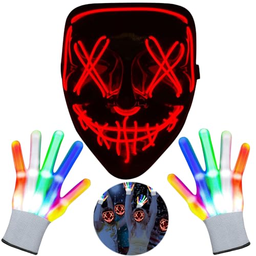 Mecctuck Halloween Masken, LED Handschuhe, Blinkende Handschuhe, LED Leuchtspielzeug, Halloween Gruselige Monster Horror Maske, Blinkende LED Handschuhe für Halloween Raves Party Clubs Partygeschenke von Mecctuck