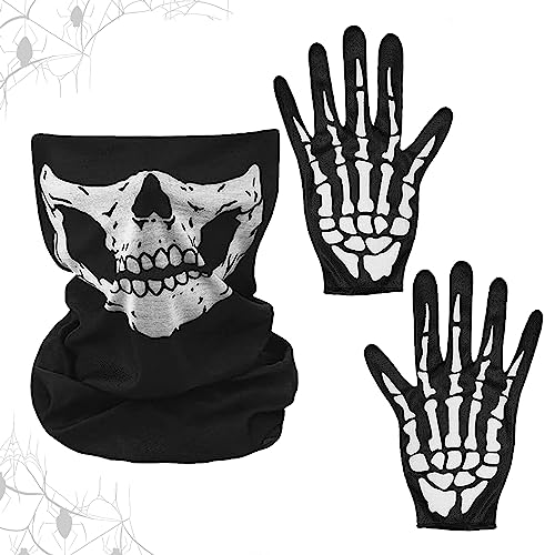 Mecctuck Skelett Maske, Skelett Handschuhe, Schädel Gesicht Schlauch Maske, Halloween Gesichtsmaske Handschuhe Schwarz + Weiß für Halloween Cosplay Kostüm Karneval Motorrad Fahrrad Erwachsene von Mecctuck