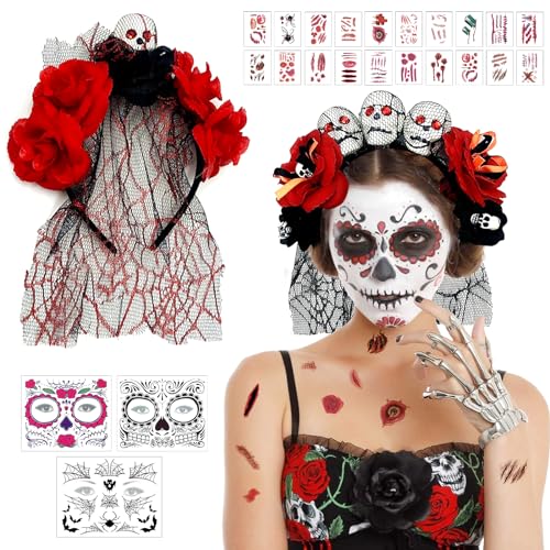 Halloween Kostüm Damen,Tag der Toten Kostüm Damen,Halloween Haarschmuck,Dia de los Muertos Kostüm Damen,Blumen Haarreif,Halloween Schleier mit Gesichtstattoos und Tattoos für Damen Halloween Kostüm von Mecctuck