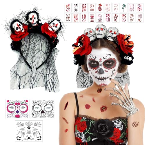 Halloween Kostüm Damen,Tag der Toten Kostüm Damen,Halloween Haarschmuck,Dia de los Muertos Kostüm Damen,Blumen Haarreif,Halloween Schleier mit Gesichtstattoos und Tattoos für Damen Halloween Kostüm von Mecctuck