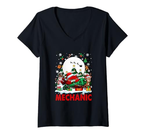 Damen Mechaniker Job Tools Santa Schneemänner Rentier Weihnachtsbäume T-Shirt mit V-Ausschnitt Damen Mechaniker Job Tools Santa Schneemänner Rentier Weihnachtsbäume T-Shirt mit V-Ausschnitt von Mechanic Christmas Costume