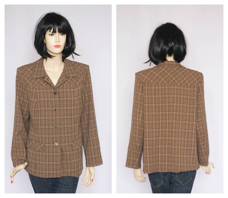 Brauner Blazer Kurzer Wolljacke Karierter Damen Anzugjacke Lockere Jacke Retro Vintage Boho Tartan von MechanicalOrange