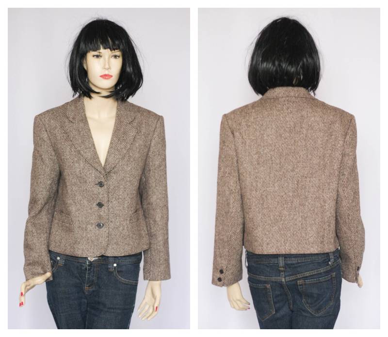 Grauer Blazer Kurzer Wolljacke Karierter Damen Anzugjacke Lockere Jacke Retro Vintage Boho Tartan von MechanicalOrange