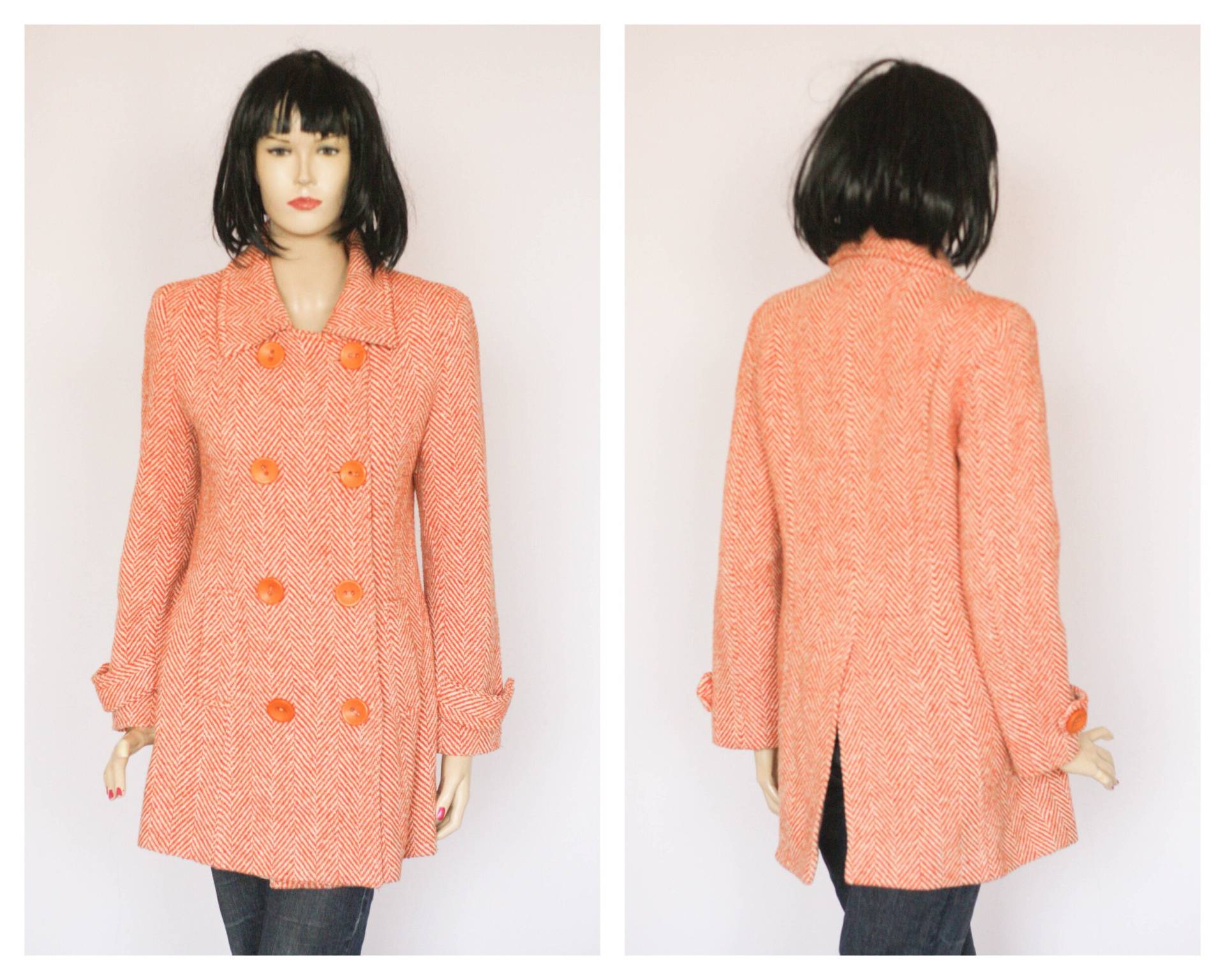 Herringbone Mantel Wollmantel Wintermantel Warmer Retro Langer Orange Frauen Overcoat Outwear Rot von MechanicalOrange