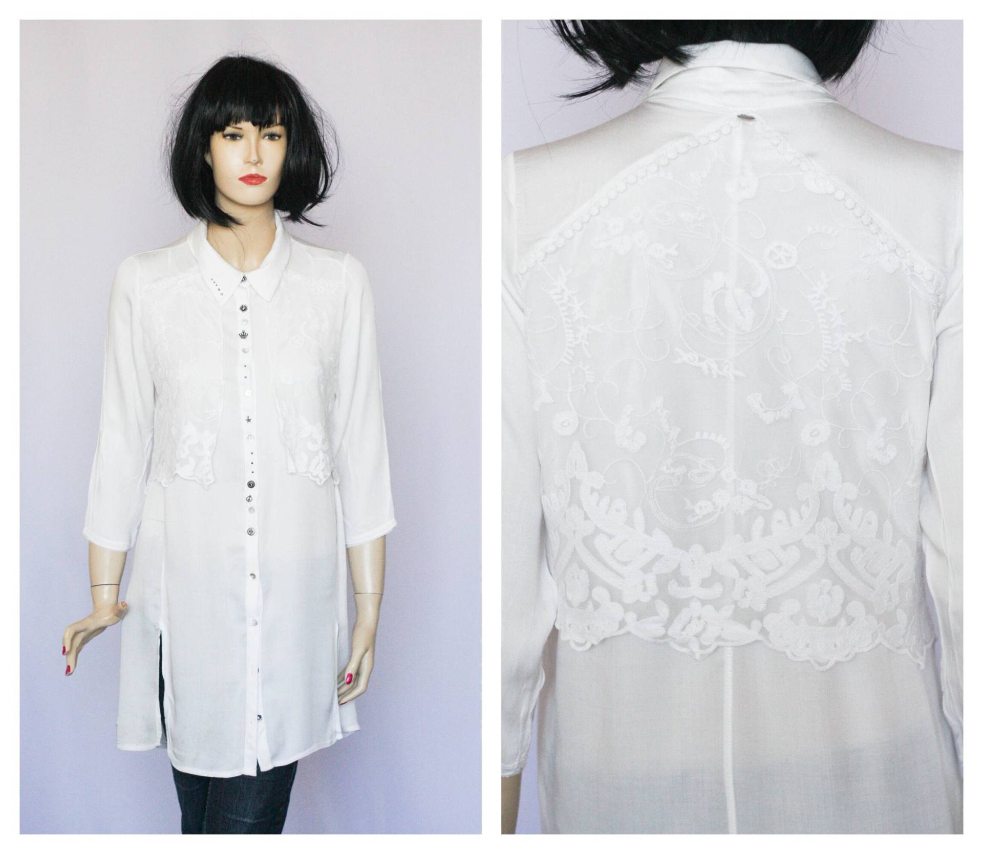 Lange Bluse Verschönerung Weiß Viskose Floral Chiffon Victorian Edwardian Shirt Damen von MechanicalOrange