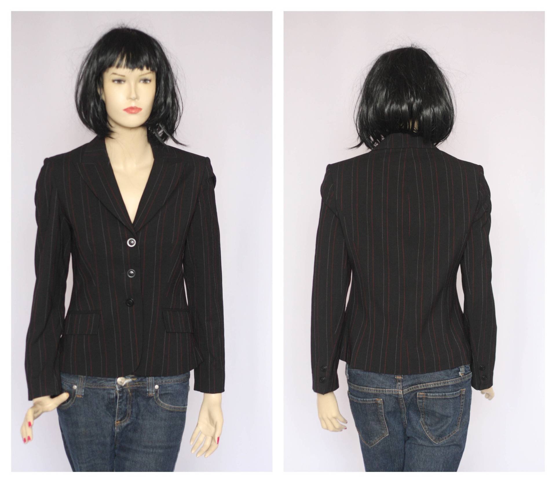 Laura Ashley Vintage Gestreifter Blazer Damen Blazersuitjacke Casual Jacke Everyday Schwarz Blazer Single Brustig Größe Kleiner Tartan von MechanicalOrange