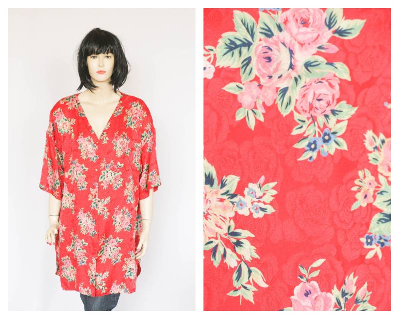 Seide Vintage Blumen Bluse Formelle Freizeitbluse Damen Top Größe Xl Kurzarm Abstrakte Rotes Shirt Bunt von MechanicalOrange