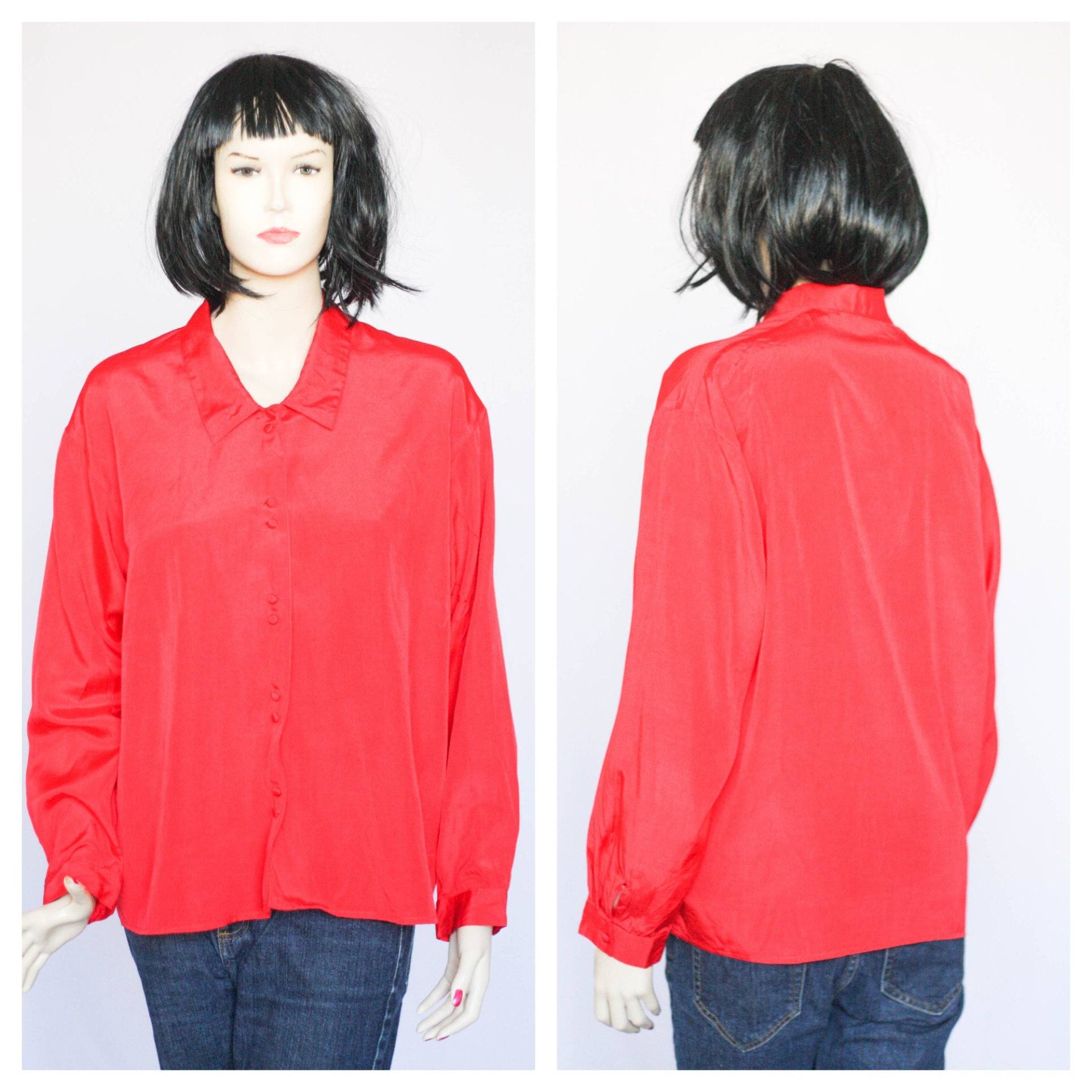 Vintage Seidenbluse Rot Bluse Classic Casual Damen Formal Shirt Top Oversized Kragen Knopf von MechanicalOrange