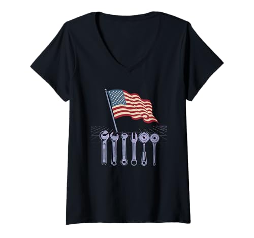Damen Mechaniker Tshirt Patriotic USA American Flag Amerikaner T-Shirt mit V-Ausschnitt Damen Mechaniker Tshirt Patriotic USA American Flag Amerikaner T-Shirt mit V-Ausschnitt von Mechaniker TShirt Patriotic USA American Flag