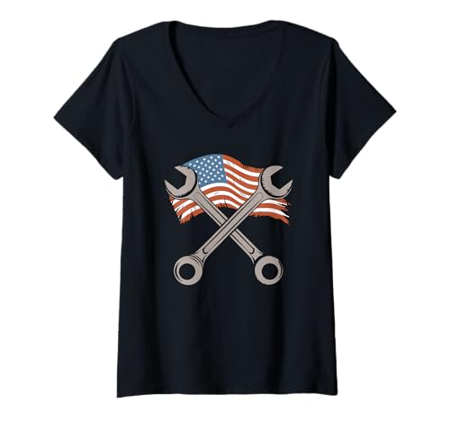Damen Mechaniker Tshirt Patriotic USA American Flag Amerikaner T-Shirt mit V-Ausschnitt von Mechaniker TShirt Patriotic USA American Flag
