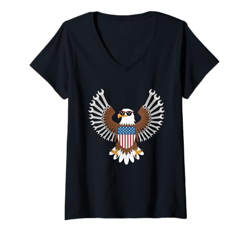 Damen Mechaniker Tshirt Patriotic USA American Flag Amerikaner T-Shirt mit V-Ausschnitt von Mechaniker TShirt Patriotic USA American Flag