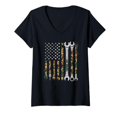 Damen Mechaniker Tshirt Patriotic USA American Flag Amerikaner T-Shirt mit V-Ausschnitt Damen Mechaniker Tshirt Patriotic USA American Flag Amerikaner T-Shirt mit V-Ausschnitt von Mechaniker TShirt Patriotic USA American Flag