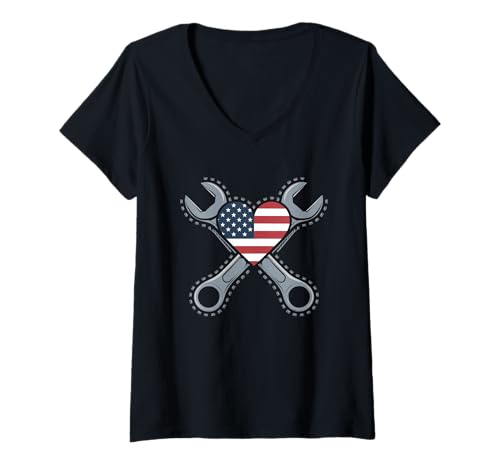 Damen Mechaniker Tshirt Patriotic USA American Flag Amerikaner T-Shirt mit V-Ausschnitt Damen Mechaniker Tshirt Patriotic USA American Flag Amerikaner T-Shirt mit V-Ausschnitt von Mechaniker TShirt Patriotic USA American Flag