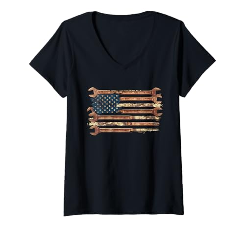 Damen Mechaniker Tshirt Patriotic USA American Flag Amerikaner T-Shirt mit V-Ausschnitt von Mechaniker TShirt Patriotic USA American Flag