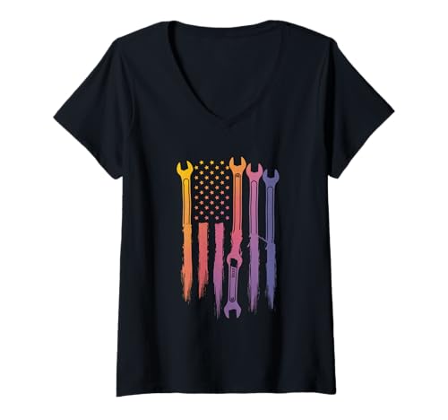 Damen Mechaniker Tshirt Patriotic USA American Flag Amerikaner T-Shirt mit V-Ausschnitt von Mechaniker TShirt Patriotic USA American Flag