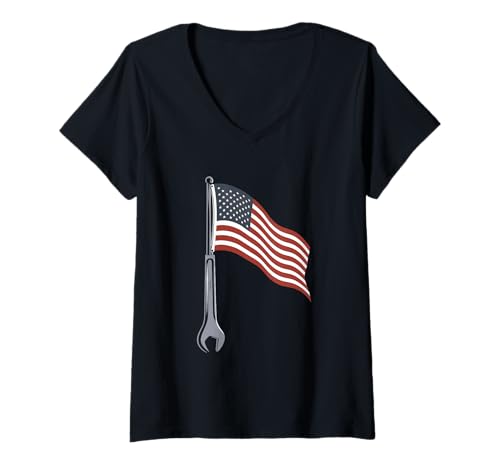 Damen Mechaniker Tshirt Patriotic USA American Flag Amerikaner T-Shirt mit V-Ausschnitt von Mechaniker TShirt Patriotic USA American Flag
