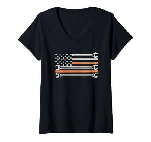 Damen Mechaniker Tshirt Patriotic USA American Flag Amerikaner T-Shirt mit V-Ausschnitt von Mechaniker TShirt Patriotic USA American Flag