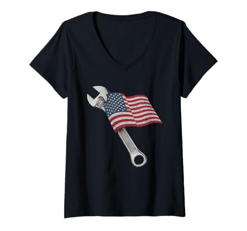Damen Mechaniker Tshirt Patriotic USA American Flag Amerikaner T-Shirt mit V-Ausschnitt von Mechaniker TShirt Patriotic USA American Flag