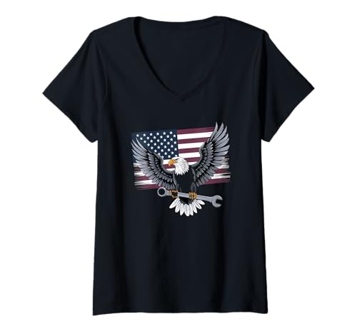 Damen Mechaniker Tshirt Patriotic USA American Flag Amerikaner T-Shirt mit V-Ausschnitt Damen Mechaniker Tshirt Patriotic USA American Flag Amerikaner T-Shirt mit V-Ausschnitt von Mechaniker TShirt Patriotic USA American Flag