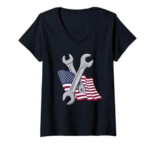 Damen Mechaniker Tshirt Patriotic USA American Flag Amerikaner T-Shirt mit V-Ausschnitt von Mechaniker TShirt Patriotic USA American Flag