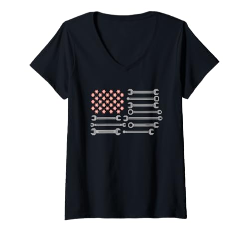 Damen Mechaniker Tshirt Patriotic USA American Flag Amerikaner T-Shirt mit V-Ausschnitt von Mechaniker TShirt Patriotic USA American Flag